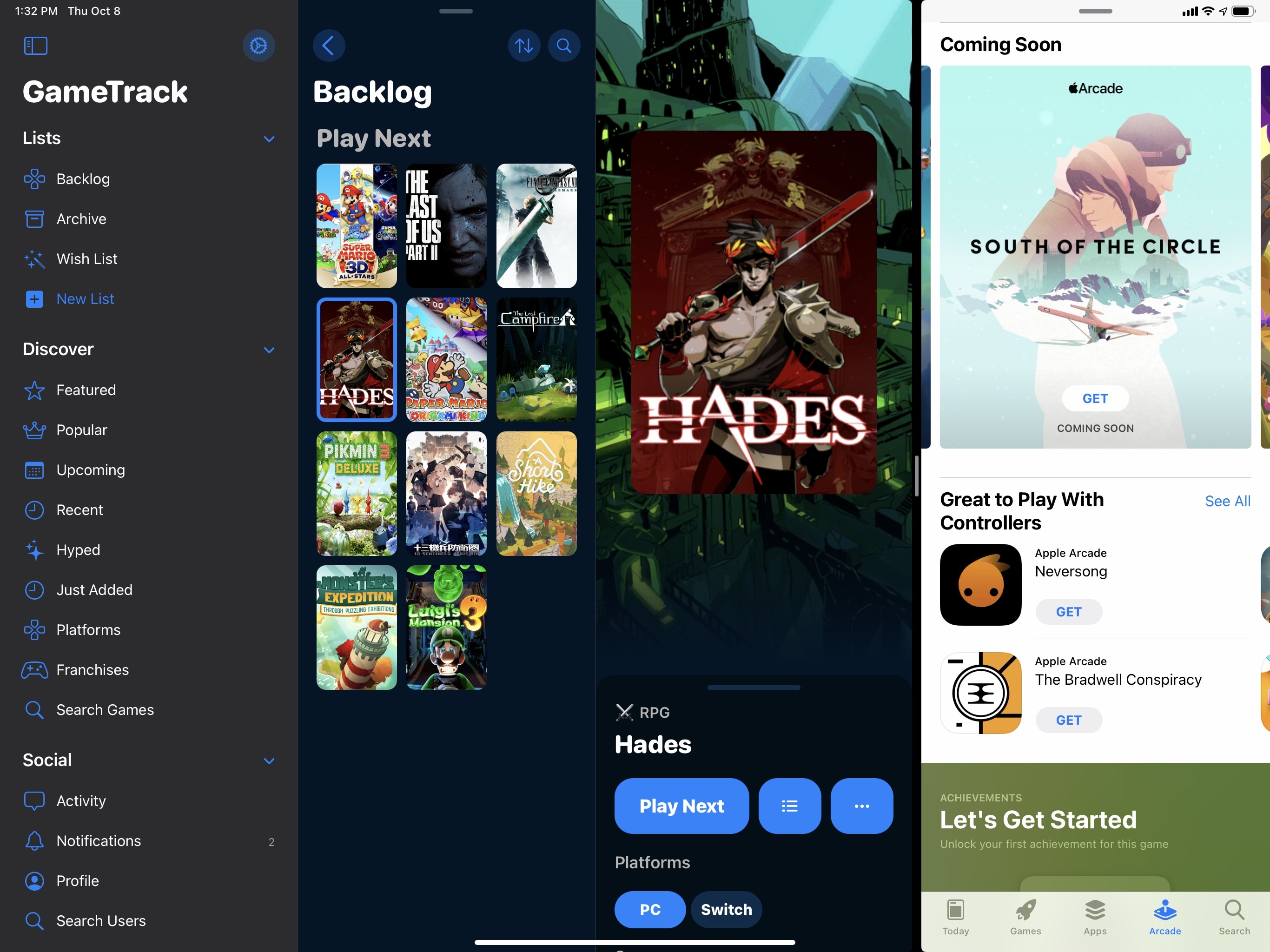 GameTrack can always show three columns at once, even when a secondary app in a compact size class is added via Split View.